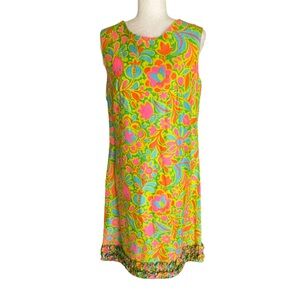 Vintage Janet Lynn 60s 70s Bright Floral Print Ruffle Sleeveless Shift Dress - M